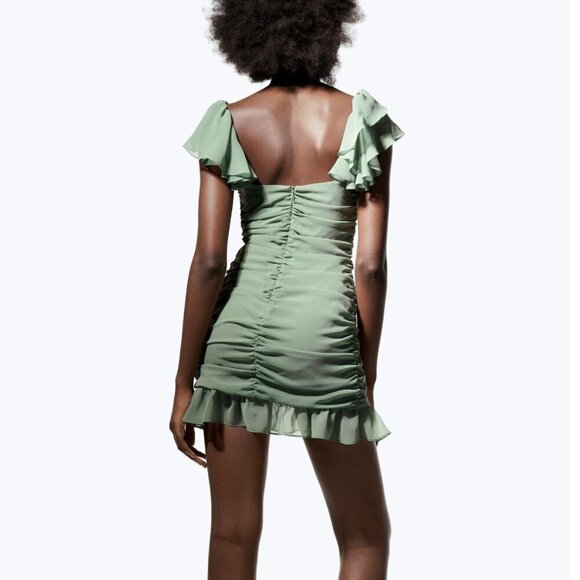 Zara Ruffled Sleeve Draped Mini Dress Green Size Small - Picture 4 of 13